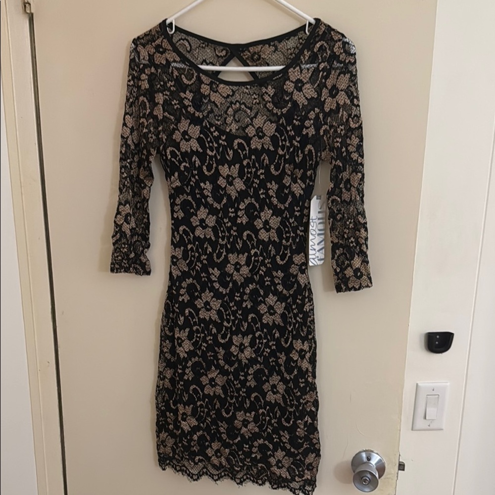 Almost Famous Black and Gold Sheath Dress 3/4 Sleeve Scoop Neck